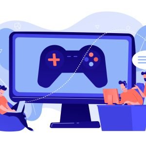 Computer gaming industry, cybersport training. Esports coaching, lessons with pro gamers, esports coaching platform, play like a pro concept. Pinkish coral bluevector isolated illustration